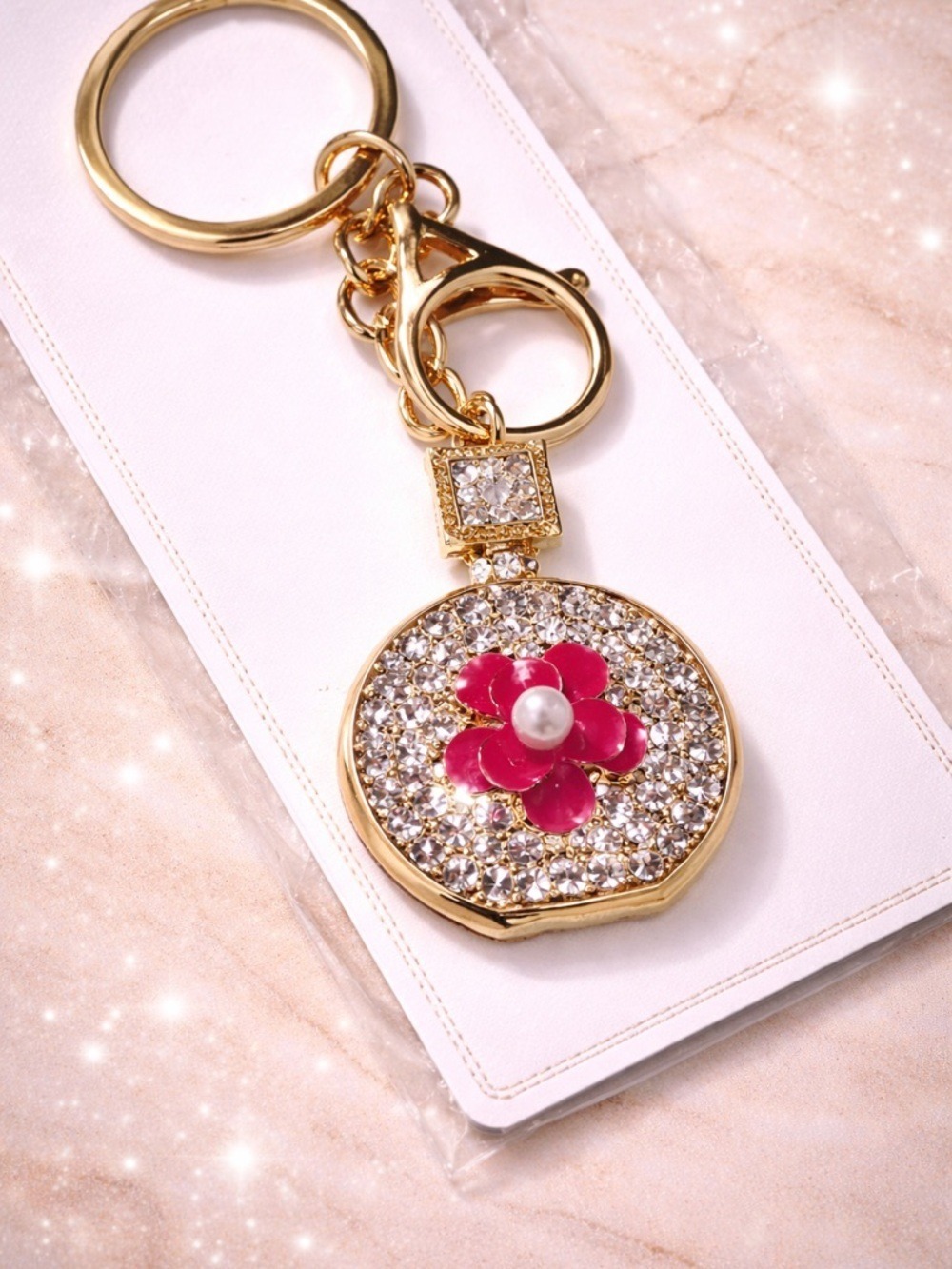 Gold Rhinestone Flower Keychain Bling Purse Charm Cute Bag Charm